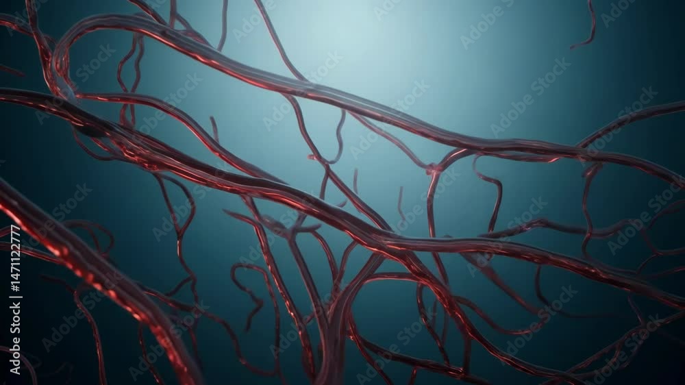 A complex network of red blood vessels. The camera slowly moves through the complex arterial structure, revealing the detailed branching patterns of interconnected blood vessels.
