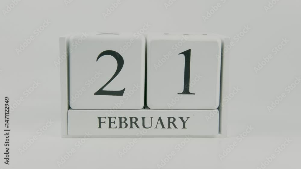 A hand flips a wooden calendar from February 21st to February 22nd on a white background, marking the passing of time and the start of a new day