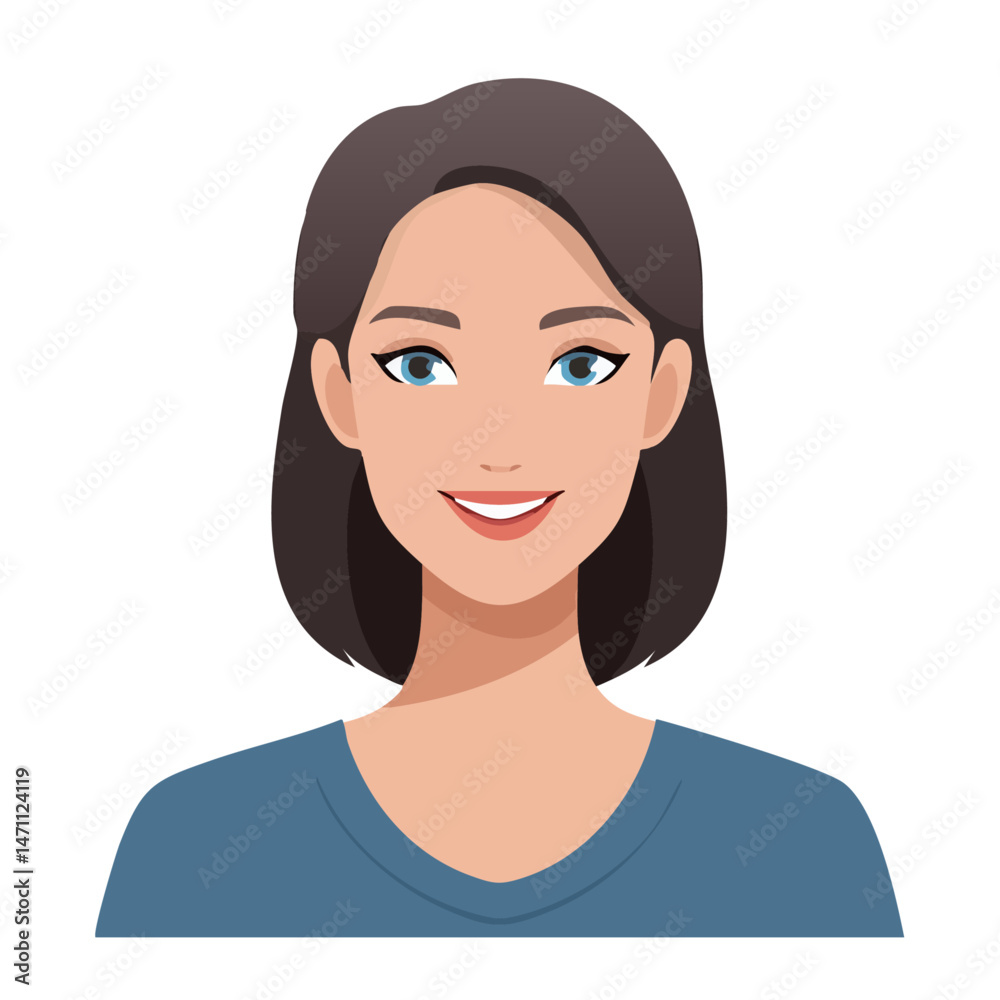 Flat Vector. Portrait of only one Woman. Simple Background.