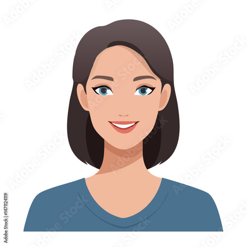 Flat Vector. Portrait of only one Woman. Simple Background.