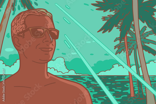 Man on vacation wearing sunglasses. An extended vacation. Relaxation. Suntanning. Stain. Skin care. Men's skin care.