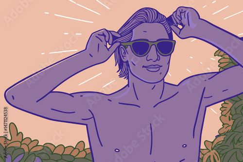 Man on vacation wearing sunglasses. An extended vacation. Relaxation. Suntanning. Stain. Skin care. Men's skin care.