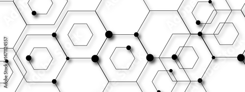 Abstract vector design with  interconnected black-outlined hexagons. Honeycomb-like pattern on white and Small, solid black circular. Geometric layout with futuristic, scientific, and technological 