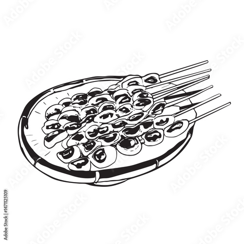 Sidoarjo Culinary hand drawn of Sate Kerang ,black outline style