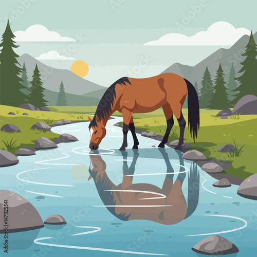 Horse Drinking Water in Stream with Reflection in Mountain Landscape