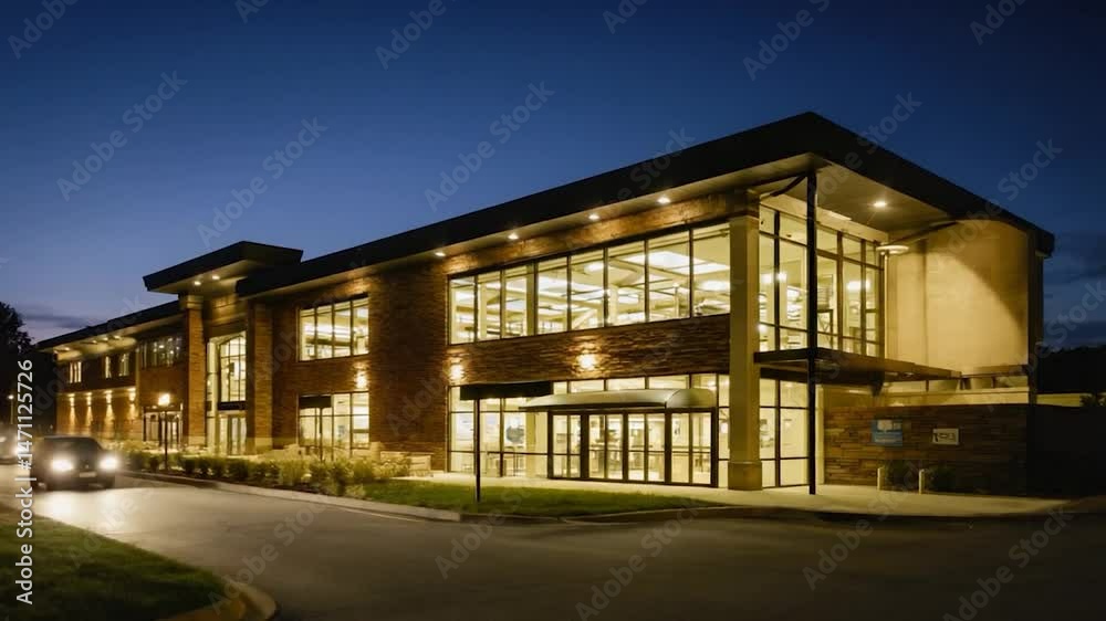 Modern building exterior at dusk showcasing architectural design and illumination Modern building exterior at dusk showcasing architectural design and illumination