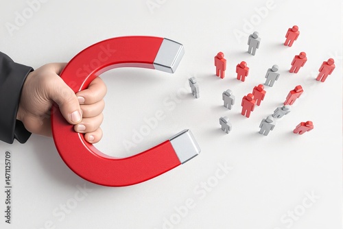 Red magnet in hand attracting red and gray human figures, minimal style on white background. Concept of business influence, customer engagement. Ai generative