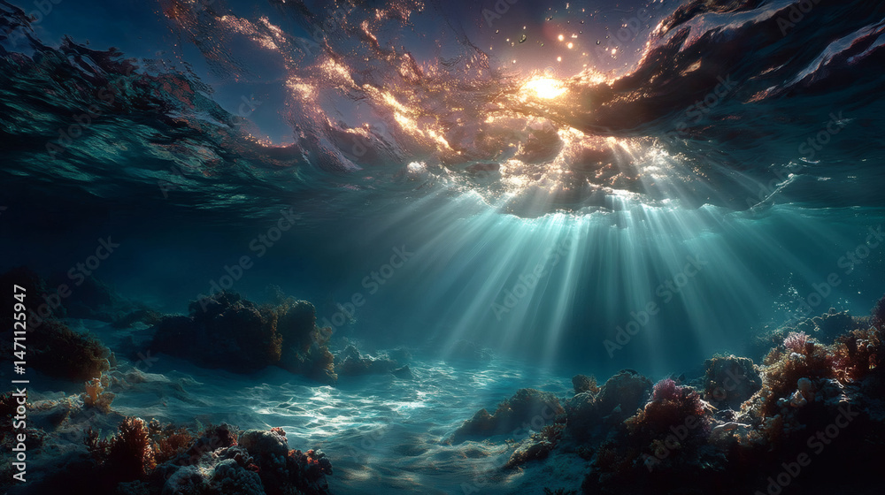Fototapeta premium Illuminated blue ocean floor underwater sunlight and marine life in a serene aesthetic scene
