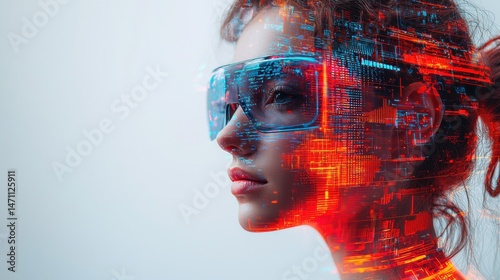 Woman with augmented reality glasses looks into the future, blending human and digital worlds through immersive technology and innovative virtual experiences.