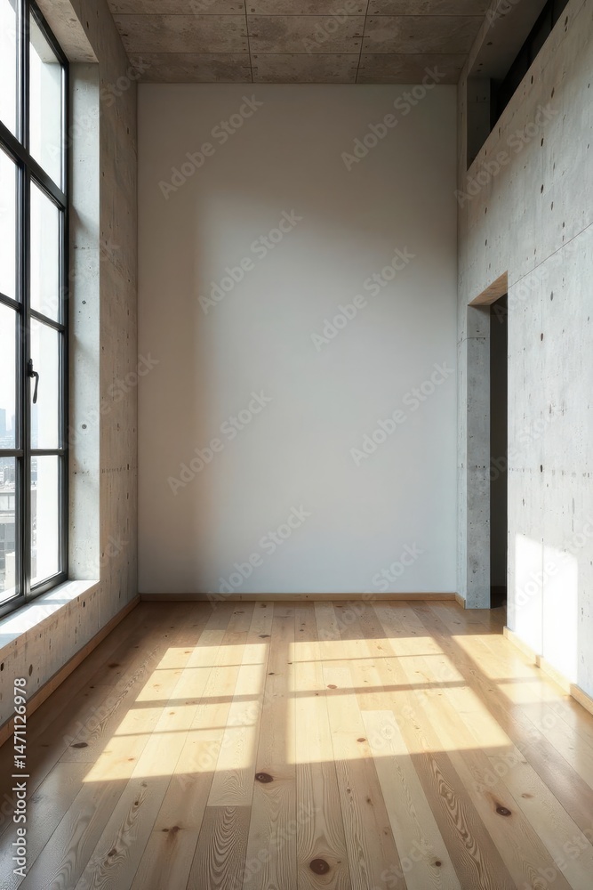 Obraz premium Sunlit Empty Room with Exposed Concrete Walls and Light Wood Floor