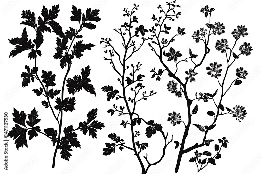 Naklejka premium Floral Branch Silhouette Set, Intricate Blossom Twigs, Botanical Monochrome Elegance 89