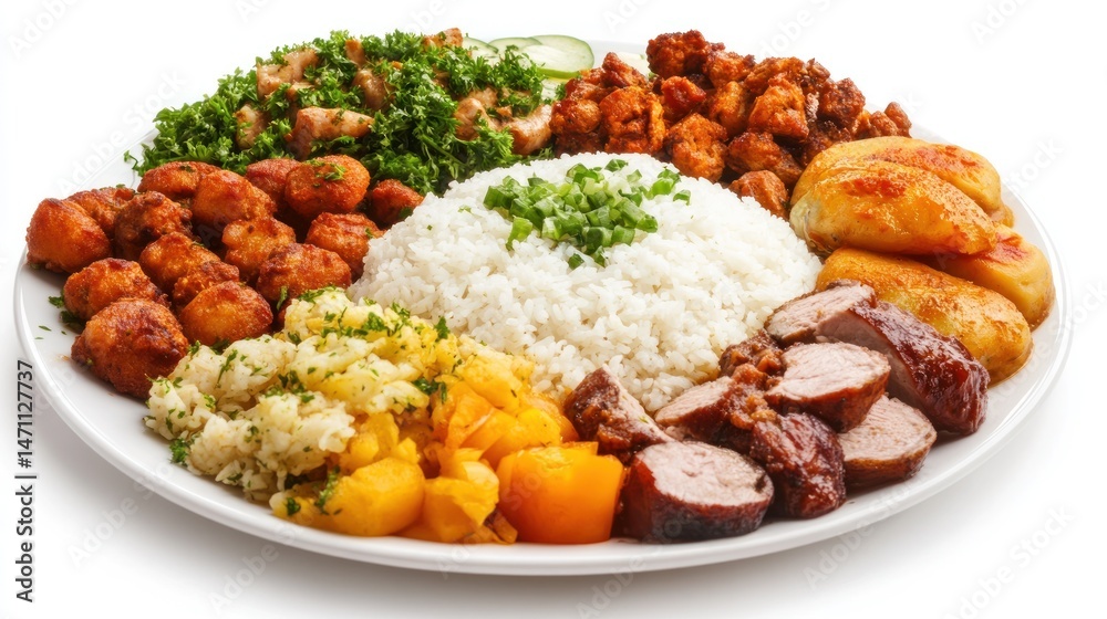 Assorted meal plate with rice and meats Assorted meal plate with rice and meats