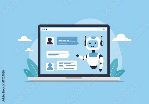 Flat design illustration of a robotic chat assistant on a laptop.