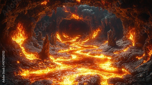 A fiery river of molten lava flows through a dark and rugged volcanic cave, illuminating the jagged rocks and creating a dramatic and dangerous landscape scene.