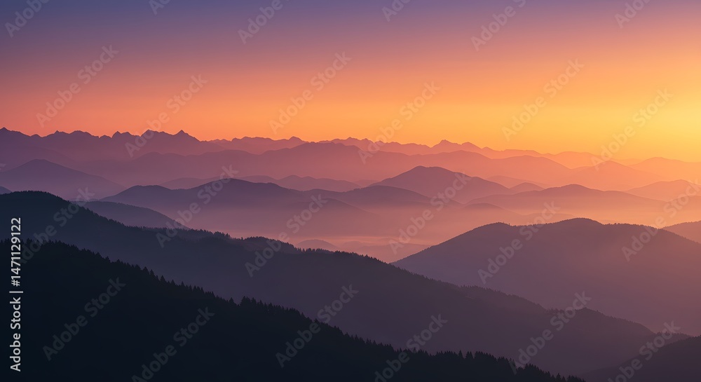 Fototapeta premium Serene Sunrise: Layers of Mountain Majesty