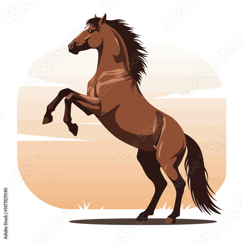 Rearing Brown Horse Illustration Standing on Hind Legs in Field