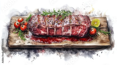 Hand-painted illustration of a roasted beef cut on a rustic wooden board.