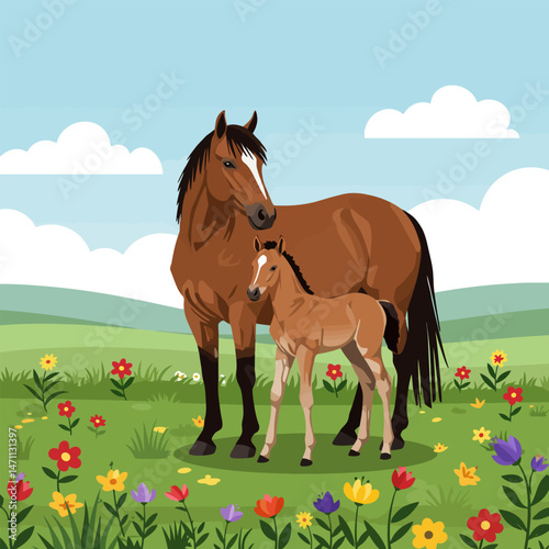 Horses Standing Together in a Blooming Meadow on a Sunny Day