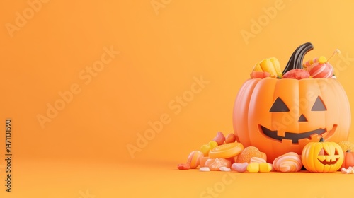 Happy Halloween: A festive composition featuring a cheerful jack-o'-lantern overflowing with colorful candies, accompanied by a smaller pumpkin against a vibrant orange backdrop.
