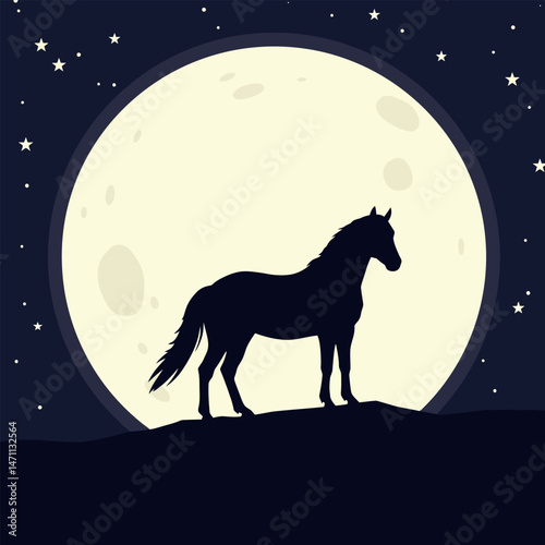 Horse Silhouette Standing Against Full Moon in Starry Night