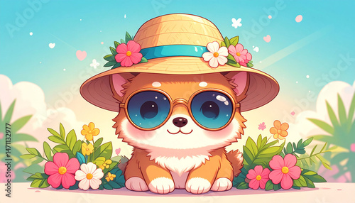 the scene features a cute, fluffy orange puppy like creature with a white chest. it is accessorized with large, round sunglasses and a straw hat adorned with vibrant flowers