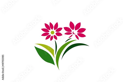 Two Pink Blossom Flowers with Green Leaves Silhouette on White Background Icon Style