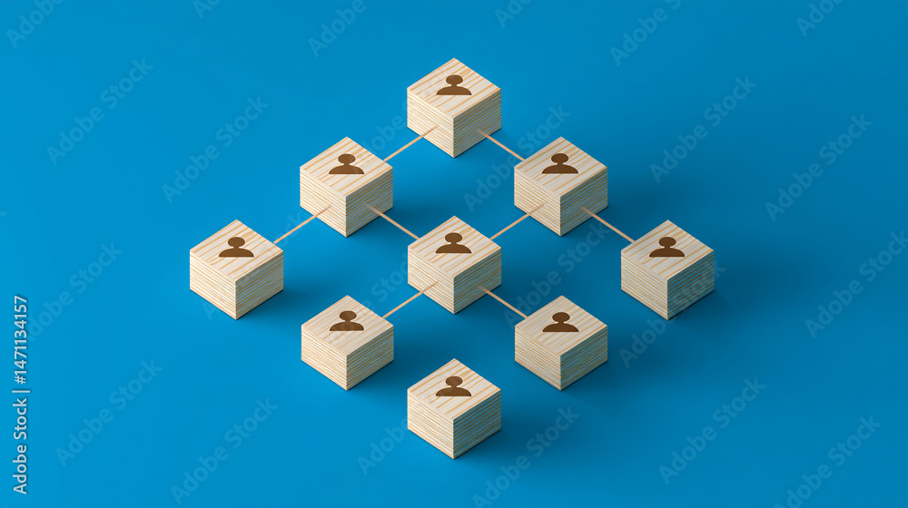 Fototapeta premium Wooden Blocks Network Showing Team Collaboration and Connection