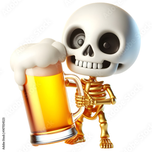 Cute 3d skeleton holding golden drink isolated on white background