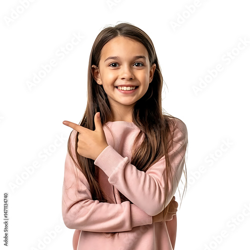Cheerful young girl pointing with finger isolated on white background