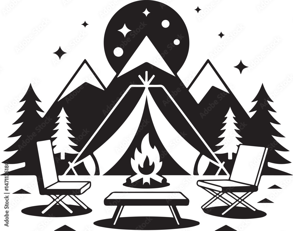 Fototapeta premium Camping in the Mountains: A classic illustration of a tent pitched in a tranquil mountain setting, surrounded by majestic peaks and towering evergreen trees. 
