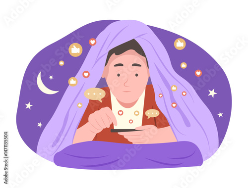 Young Man Watching Social Media Content and Chatting on Smartphone Before Sleep at Night for Social Media Addiction and FOMO Concept Illustration