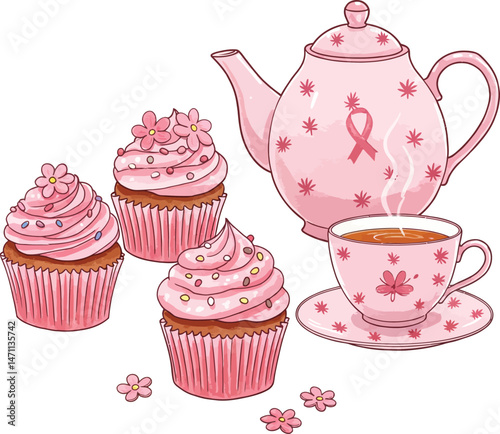 Pink Teapot, Cupcakes, and Tea Illustration