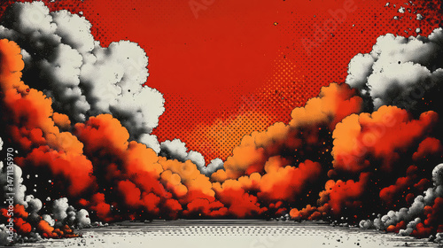 Abstract artwork depicting clouds and explosive energy with orange and white tones