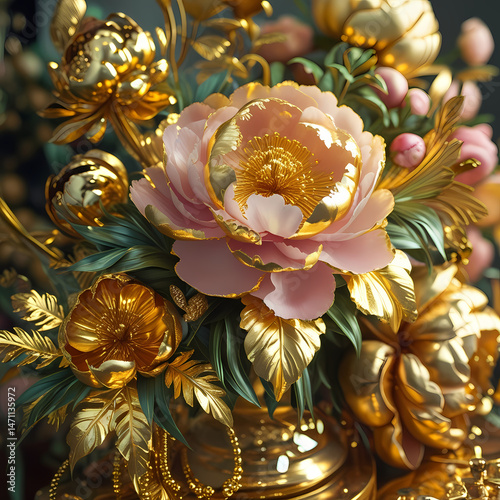 Exquisite floral arrangement featuring pink peonies and luxurious golden details in a stunning composition