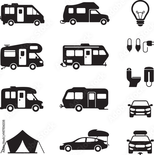 Camping in the Mountains: A classic illustration of a tent pitched in a tranquil mountain setting, surrounded by majestic peaks and towering evergreen trees. 