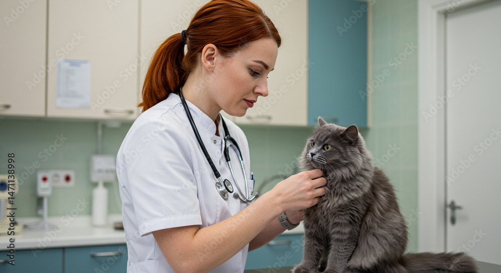 Compassionate veterinarian examining a fluffy gray cat during appointment Compassionate veterinarian examining a fluffy gray cat during appointment
