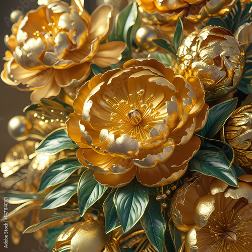 Exquisite gold floral arrangement featuring lush peonies with greenery and decorative accents