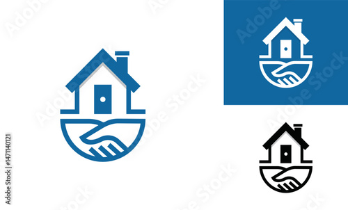 This vector design features real estate icons with house, property and shaking hands symbols.
