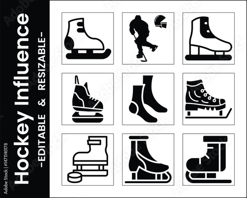 Black And White Vector Icons Of Hockey Equipment And Ice Skating Elements Collection
