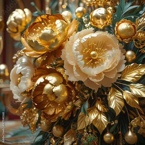 Luxurious floral arrangement featuring golden peonies and elegant decorative elements