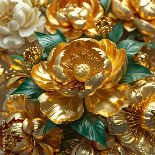 Stunning floral display featuring luxurious gold and white flowers with green foliage