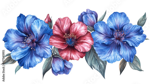 Watercolor Floral Arrangement with Red and Blue Flowers in PNG transparent background