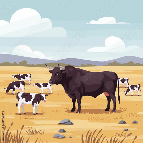 Bull Standing in Field with Cows Grazing on Farm Pasture