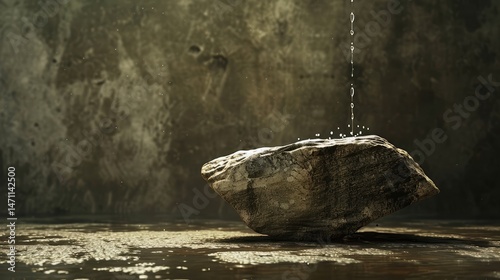 Still life of a stone and water drops on a textured surface.