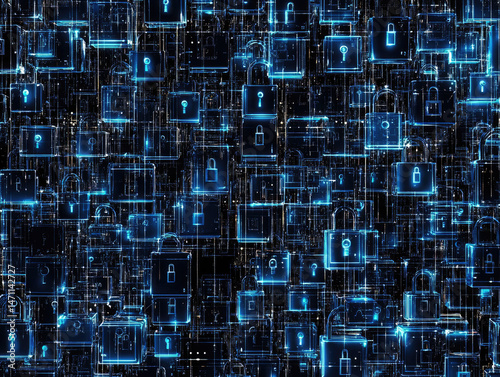 cybersecurity background with closed digital padlocks and encrypted data blocks, black and neon blue tech grid 