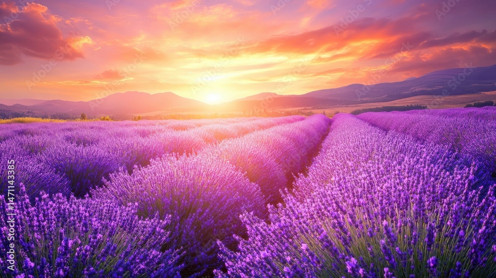 Obraz premium Vibrant sunset over a vast lavender field.