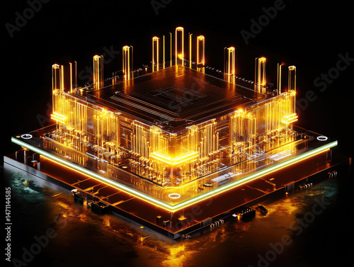 macro render of a glowing CPU chip with futuristic lighting and detailed transistors, centered layout 