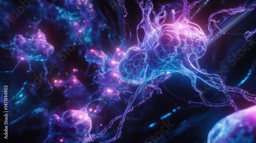 neural network web glowing with blue and purple nodes, floating in dark abstract space, complex tech mesh, high detail 