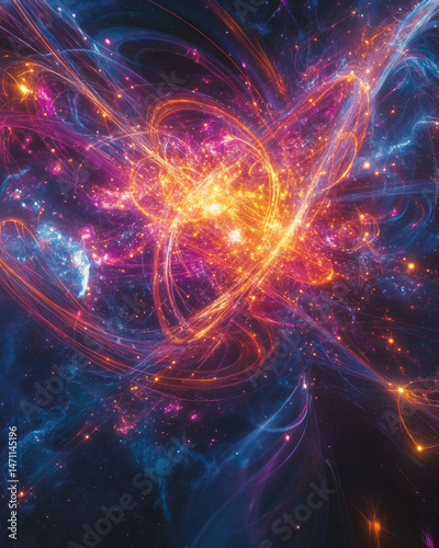 quantum computing particles connected by light strings, deep space background, science abstract glow 