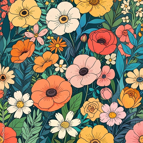 flowers background colorful cartoon anime style 